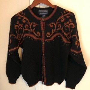 Herman Geist Womens Cardigan Sweater Black 100% Wool Baroque Print Long Sleeve M